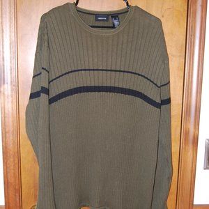 Claiborne Men XL Knit Loden Green Striped Pullover 100% Cotton Sweater V Neck